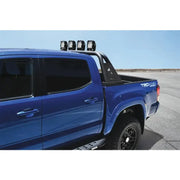 Blue pickup truck bed bar with lights, tubular style, black steel, open rail mount