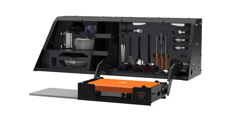 Truck Cap Kitchen Use With RSI Caps; Side Mount; Fold-Out Camp Stove/ Cutting Board And Secure Storage For Dishes/