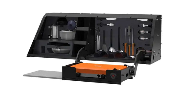 Truck Cap Kitchen Use With RSI Caps; Side Mount; Fold-Out Camp Stove/ Cutting Board And Secure Storage For Dishes/