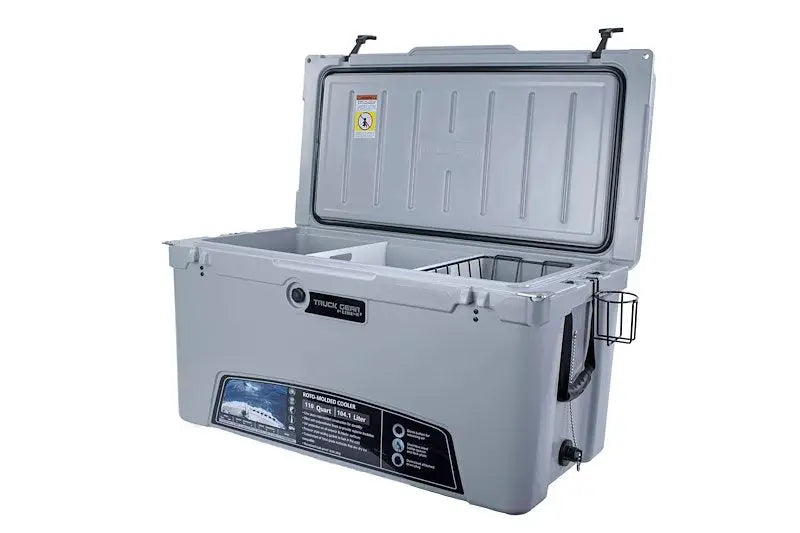 Gray Truck Gear COOLER110 with open lid, internal baskets, and external cup holder