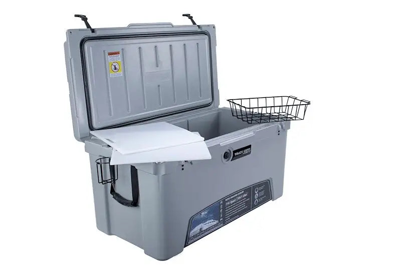 Open gray Truck Gear COOLER110 with internal cutting board and wire basket for easy gear cooler110 storage