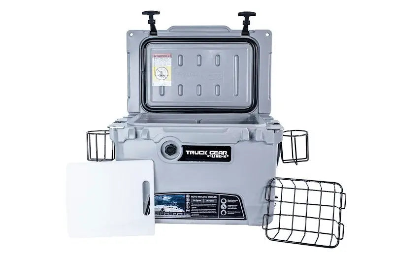Open gray Truck Gear COOLER20 20 Qt Cooler with accessories for outdoor adventures