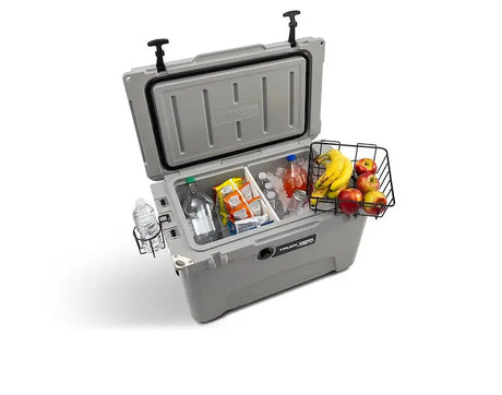Gray Truck Gear Cooler45 with open lid, internal dividers, cup holder, and fruit basket