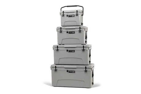 Stack of four grey Truck Gear COOLER45 coolers ready for adventure