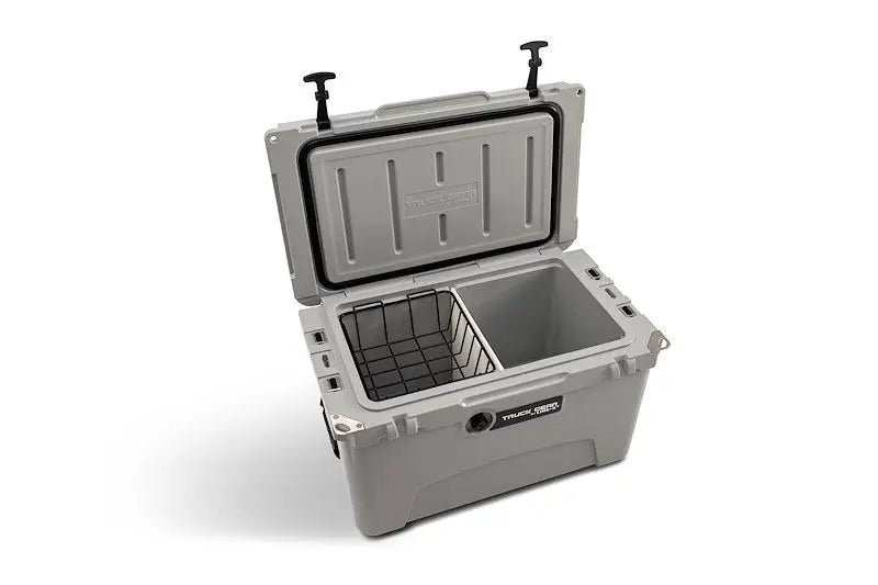 Open light gray Truck Gear Cooler45 with black wire basket and interior for adventures