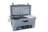Open grey Truck Gear COOLER75 with black wire basket and white cutting board for adventures