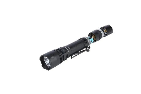 Black truck gear flash light with exposed battery compartment for ultimate visibility