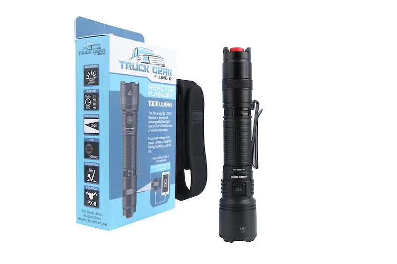 Black truck gear hi-pwr flashlight with red button and carrying case for ultimate visibility