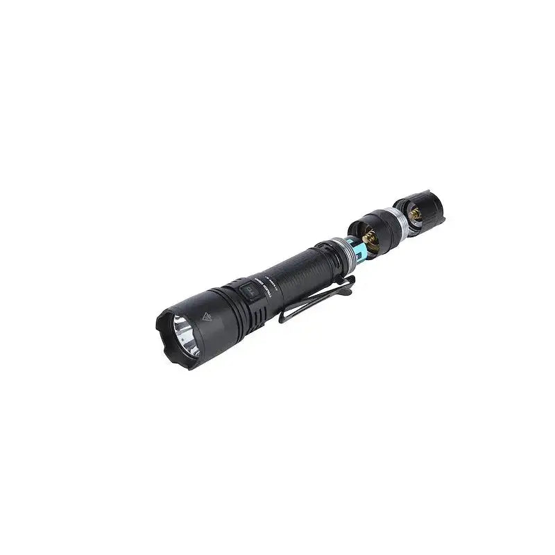 Black truck gear flash light with exposed battery compartment for ultimate visibility