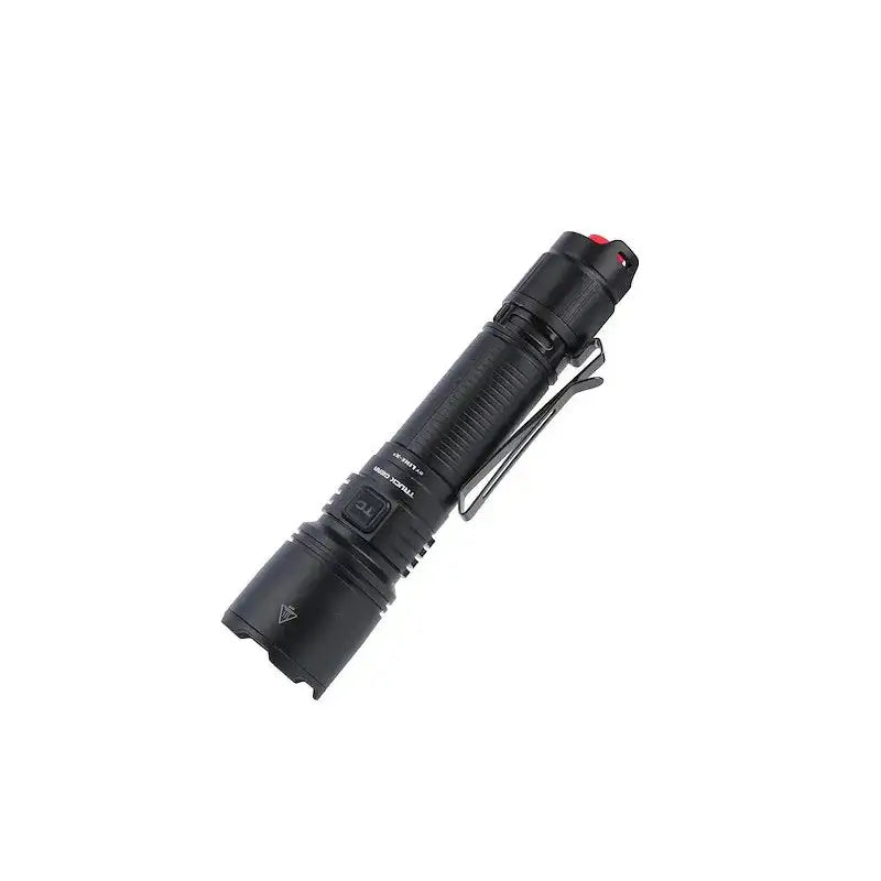 Black tactical LED flash light with pocket clip and red tail switch for truck gear hi-pwr visibility