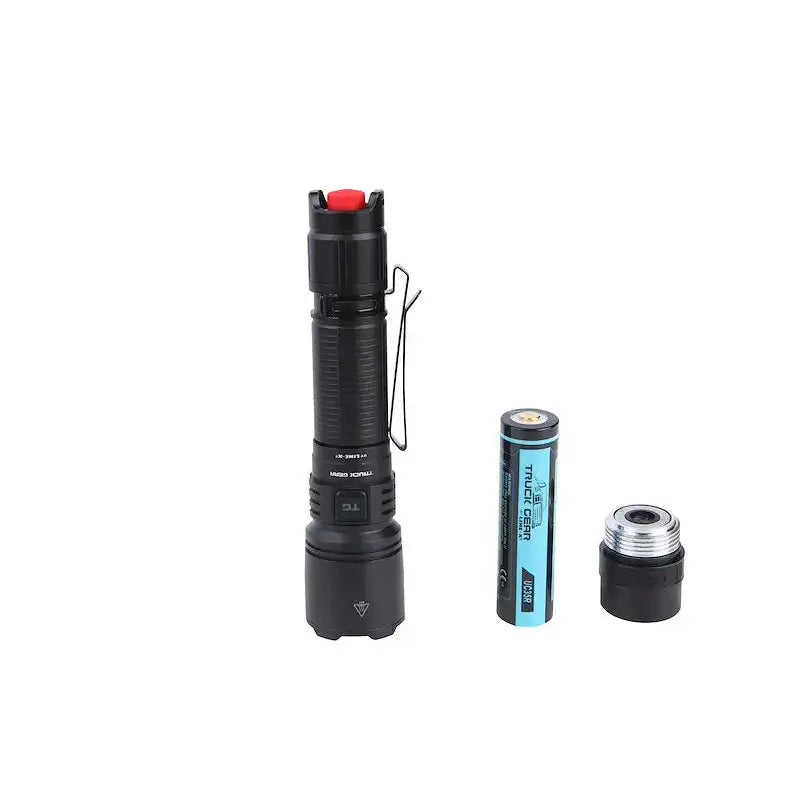 Black Truck Gear Hi-Pwr Flash Light with red button, pocket clip, battery, and spare part