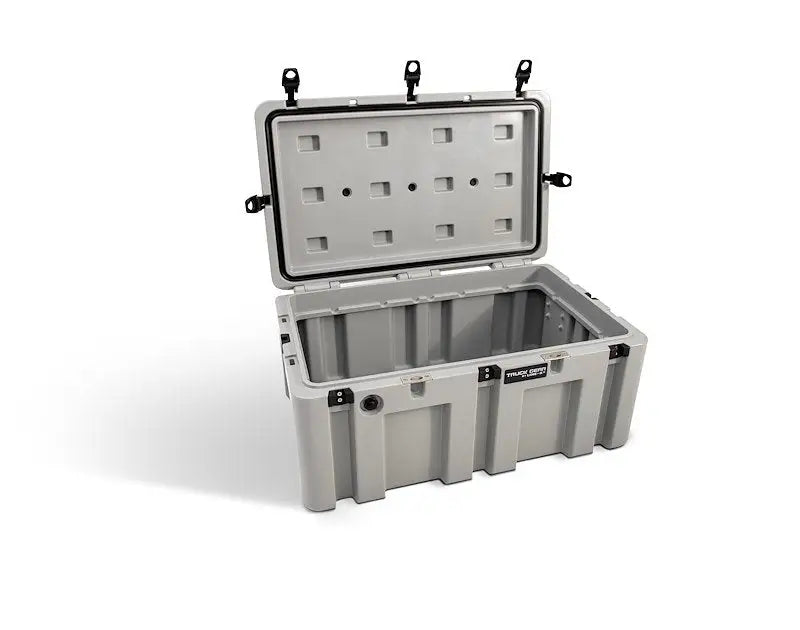 Open light gray plastic storage case with black latches for Truck Gear STRCS130 TGR
