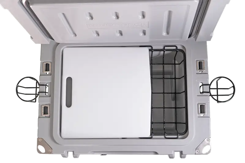 Portable Truck Gear TWCOOLER45 45Qt towable cooler with open lid, cutting board, wire basket