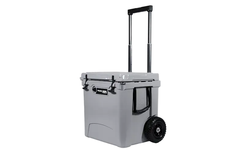 Gray cooler with wheels and extendable handle for Truck Gear TWCOOLER45 45Qt Towable Cooler