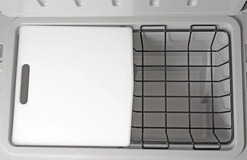 Image of a cutting board and wire basket for the Truck Gear TWCOOLER60 60Qt cooler setup