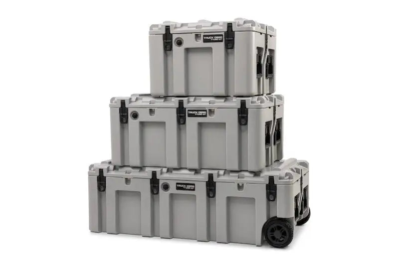 Stack of three rugged gray storage cases with black latches and wheels for Truck Gear TWSTRCS175