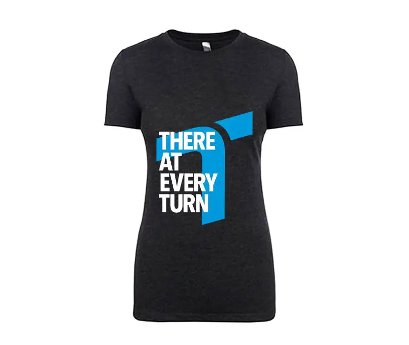 Turn 14 Distribution Ladies Black T-Shirt with blue and white text, comfy and stylish