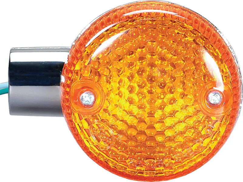 Amber motorcycle turn signal with chrome base for front left, great for RV and truck parts