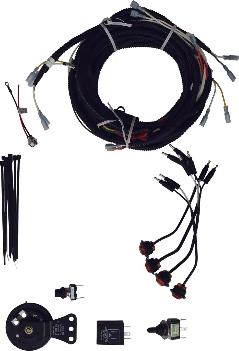 Automotive turn signal kit with wiring harness and electrical components for easy installation