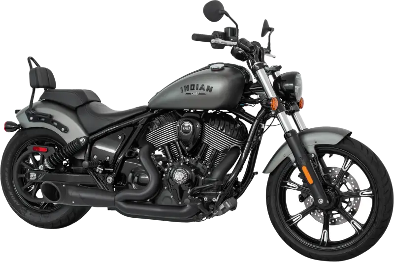Matte grey Indian motorcycle with black accents and sissy bar, perfect for combat endcap Indian Chief