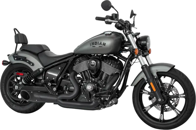 Matte grey Indian motorcycle with black accents and sissy bar, perfect for combat endcap Indian Chief
