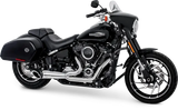 Black Harley-Davidson with chrome w black and black tip exhaust pipes on Softail