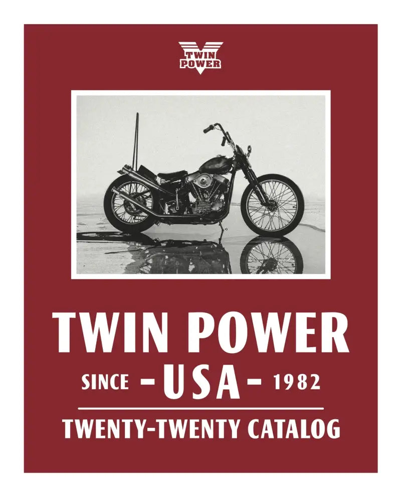 Twin Power 2020 catalog cover featuring a vintage motorcycle on a red background, highlighting the Twin Power brand logo and establishment in 1982, USA.