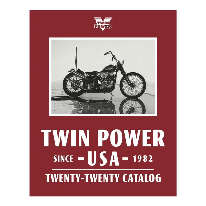 Twin Power 2020 catalog cover featuring a vintage motorcycle on a red background, highlighting the Twin Power brand logo and establishment in 1982, USA.