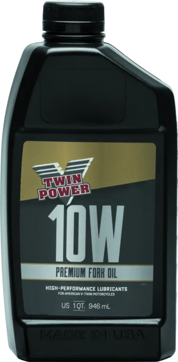 Black bottle of Twin Power 10W Fork Oil Quart for smooth riding and suspension care