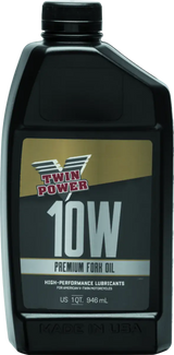 Black bottle of Twin Power 10W Fork Oil Quart for smooth riding and suspension care
