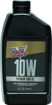Black bottle of Twin Power 10W Fork Oil Quart for smooth riding and suspension care