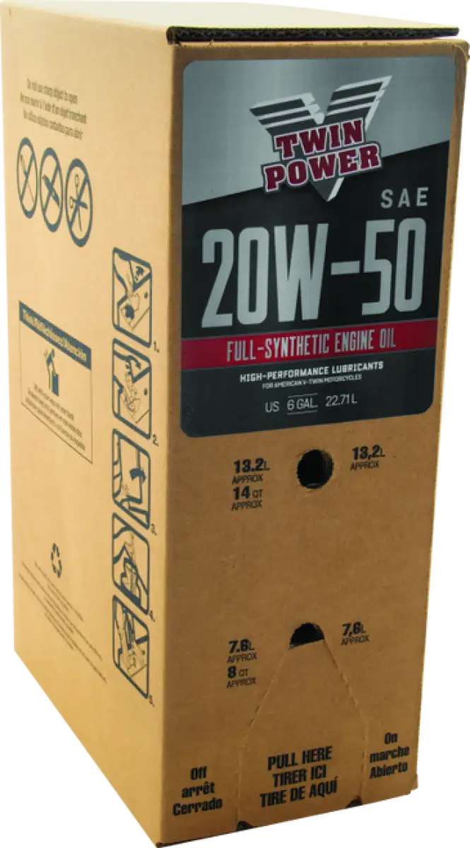 Box of Twin Power 20W50 full-synthetic engine oil for performance and protection