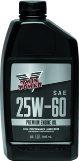 Black bottle of Twin Power 25W60 Premium Oil Quart for engine protection and performance