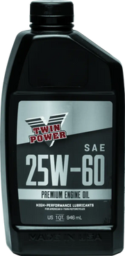Black bottle of Twin Power 25W60 Premium Oil Quart for engine protection and performance