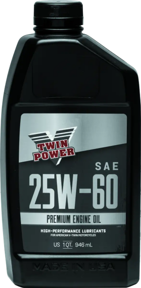 Black bottle of Twin Power 25W60 Premium Oil Quart for engine protection and performance