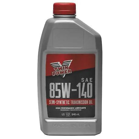 Gray bottle of Twin Power 85W140 transmission lube quart for semi-synthetic gear oil