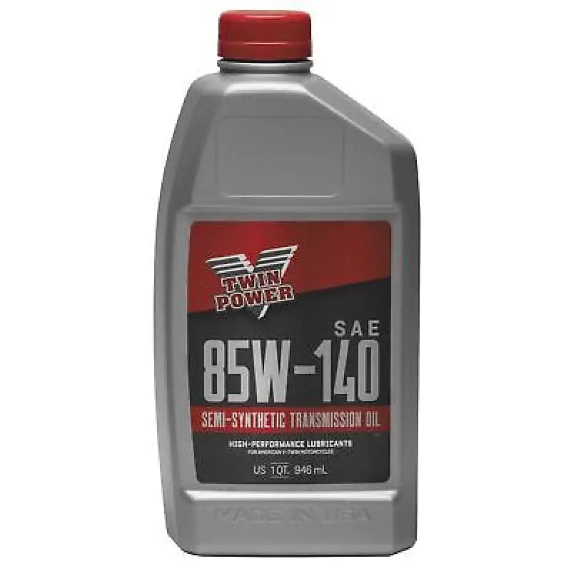 Gray bottle of Twin Power 85W140 transmission lube quart for semi-synthetic gear oil