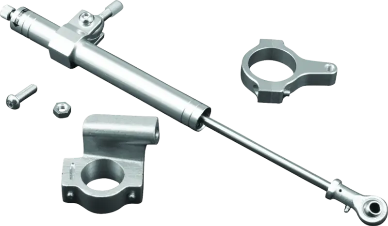 Silver steering damper kit with mounting hardware for Twin Power 88-03 XL satin steering damper
