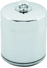 Shiny chrome oil filter with backflow valve for Twin Cam and M8 Harley engines