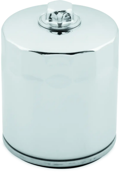 Shiny chrome oil filter with backflow valve for Twin Cam and M8 Harley engines