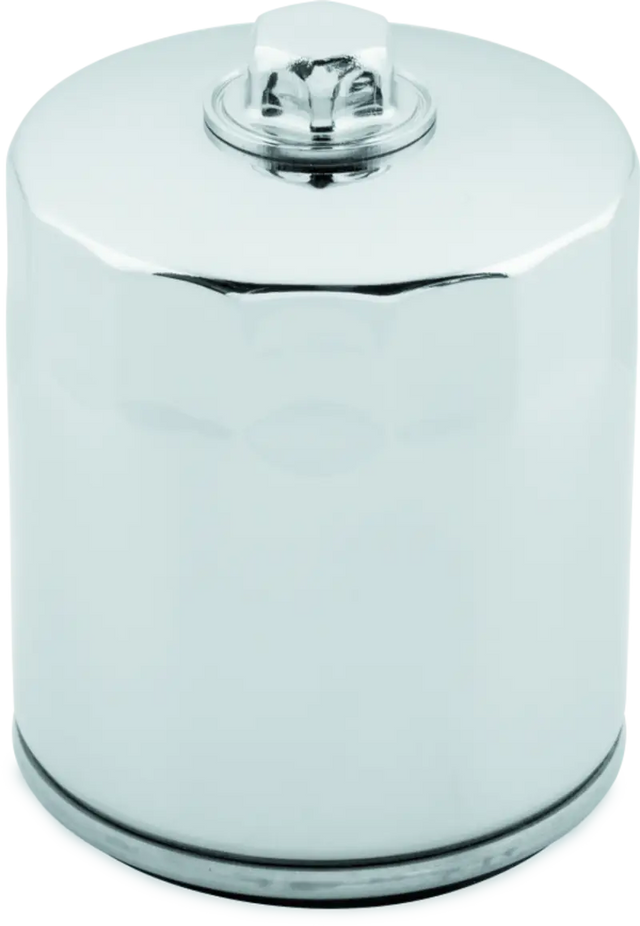 Shiny chrome oil filter with backflow valve for Twin Cam and M8 Harley engines