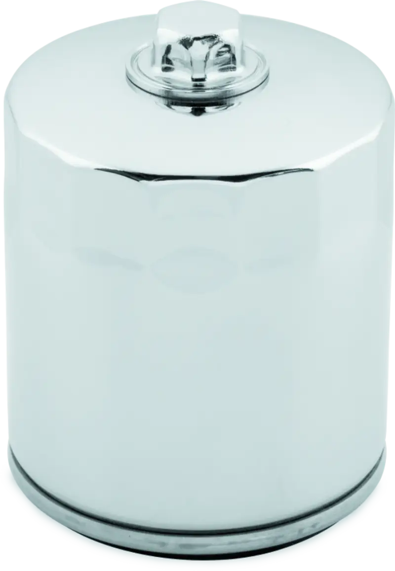 Shiny chrome oil filter with backflow valve for Twin Cam and M8 Harley engines