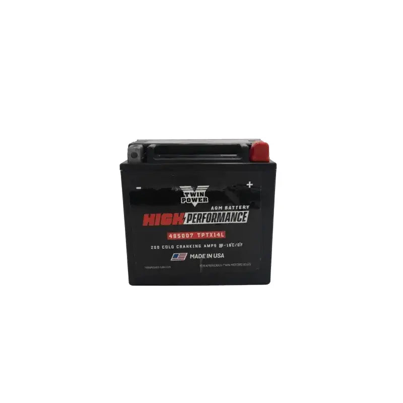 Black motorcycle battery from Twin Power High Performance Battery series, made in USA