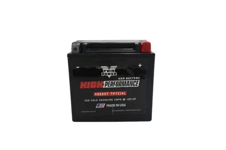 Black motorcycle battery from Twin Power High Performance Battery series, made in USA
