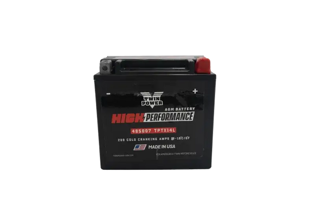 Black motorcycle battery from Twin Power High Performance Battery series, made in USA