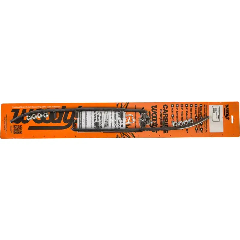 Black metal snowmobile carbide runners with mounting hardware on orange packaging for trail blazer round use
