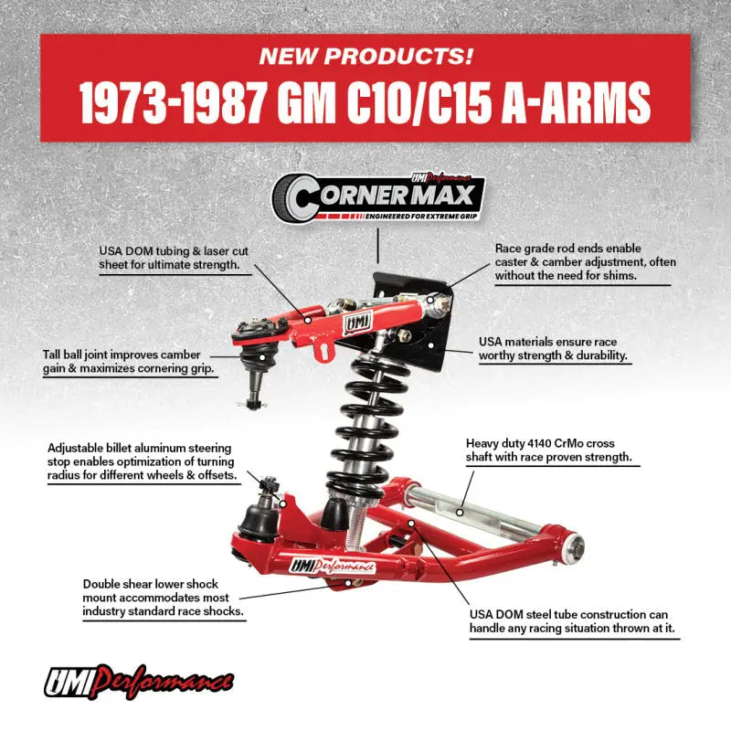 Red UMI Performance C10 CornerMax A-Arm Kit for 73-87 GM trucks