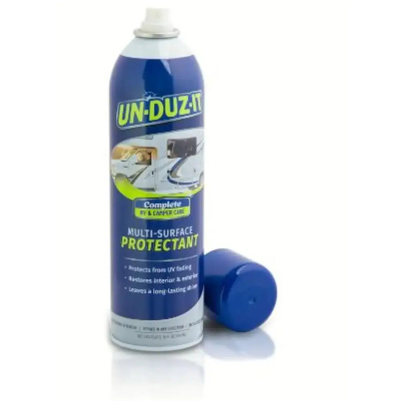 Blue can of Unduzit 126881 multi-surface protectant spray with eco-friendly formula for RV parts & accessories