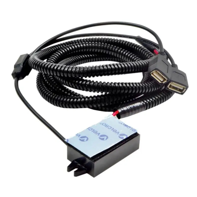 Black coiled usb power cable with dual USB Type-A female adapter and adhesive mount