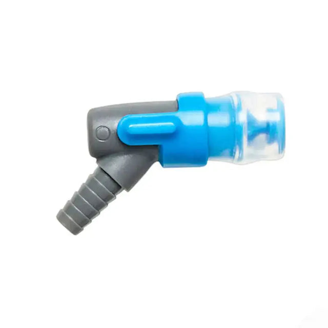 Gray and blue plastic hose connector for USWE Bite Valve 45 Degree hydration gear